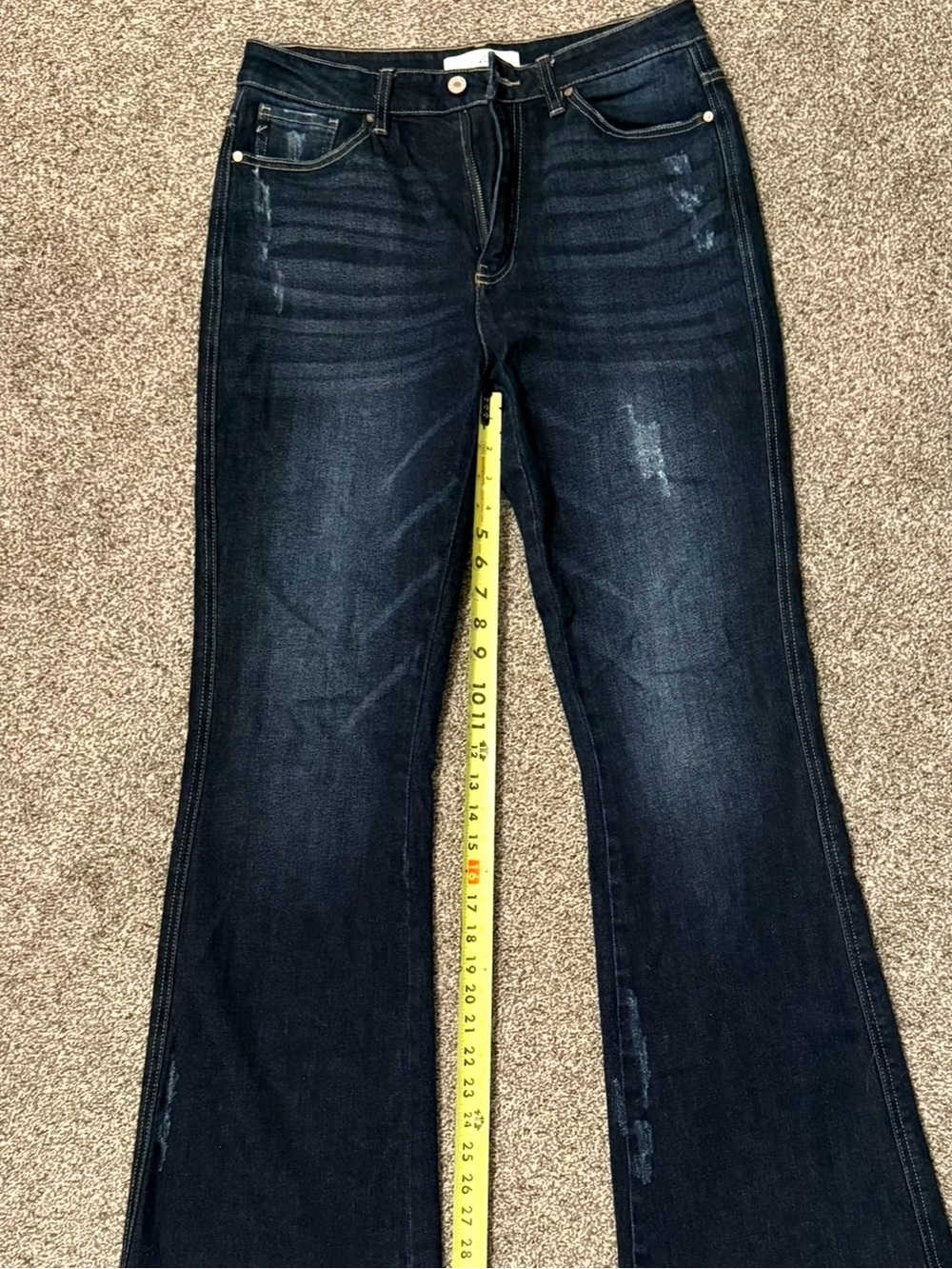 Kancan Dark Wash Mid Rise Distressed Flare Jeans